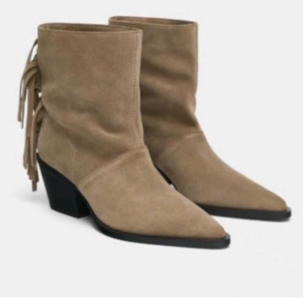 Zara Woman Boho Fringe Suede Booties - size 7.5